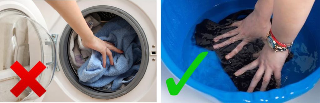 Không nên giặt quần tất, quần vớ trong máy giặt, bạn nên giặt bằng tay và nước, tránh giặt bằng xà phòng bột